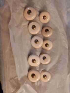 Ceramic Round Drawer Knobs in Cream with Brass Center - Set of 10